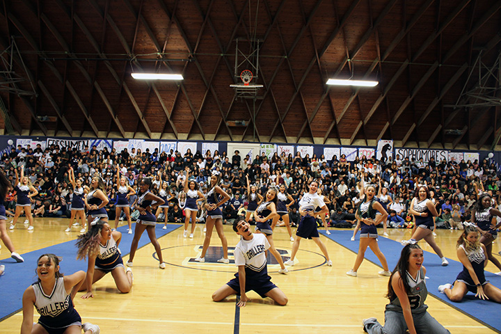 Students and staff celebrate on day five of Homecoming week with the annual Homecoming rally. The BHS cheer squad raised school spirit with a short performance.