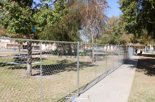 The fence blocks off the area currently being seeded to encourage grass growth.